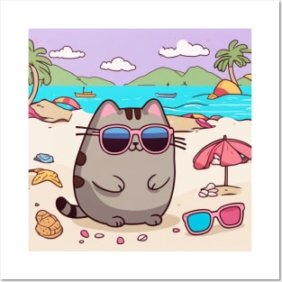 Cute pusheen enjoying a day on the beach Posters and Art